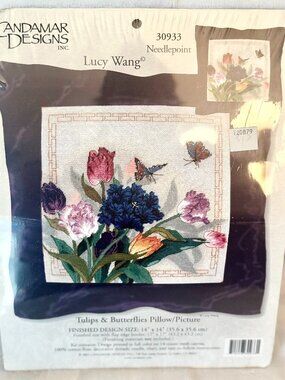 Lucy Wang 2003 Candamar Tulips Butterflies Pillow Needlepoint Kit #30933